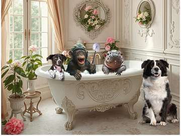 Moo Deng and friends enjoy a foam bath jigsaw puzzle online